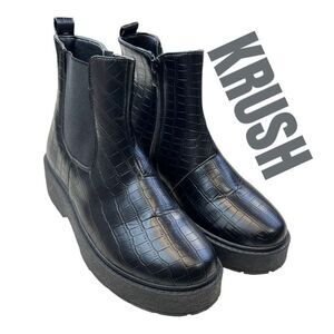Krush Womens Faux Leather Croc Embossed Round Toe Chelsea Ankle Boots Black Sz 5